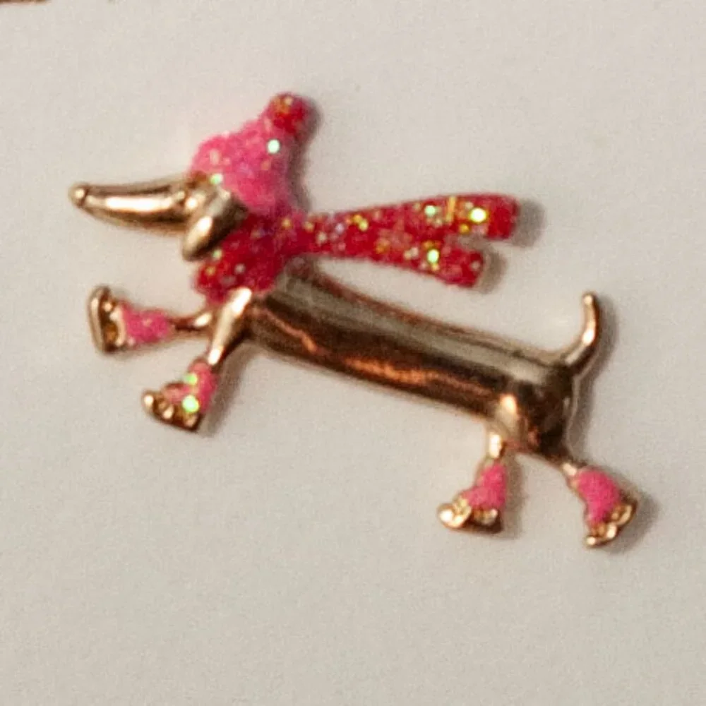 NWT J. Crew Dachsund Winter Dogs Post Earrings in Goldtone w/pink and red